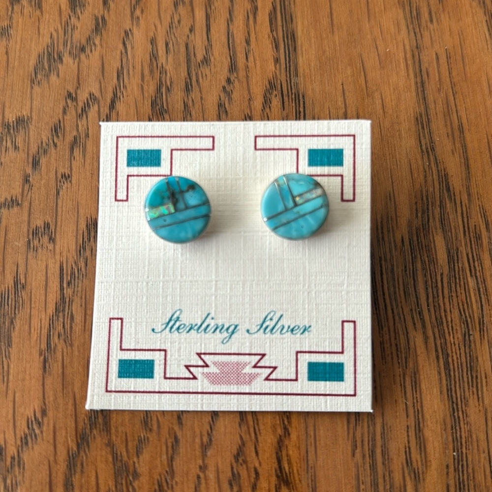 Turquoise and white opal inlay stud earrings 925